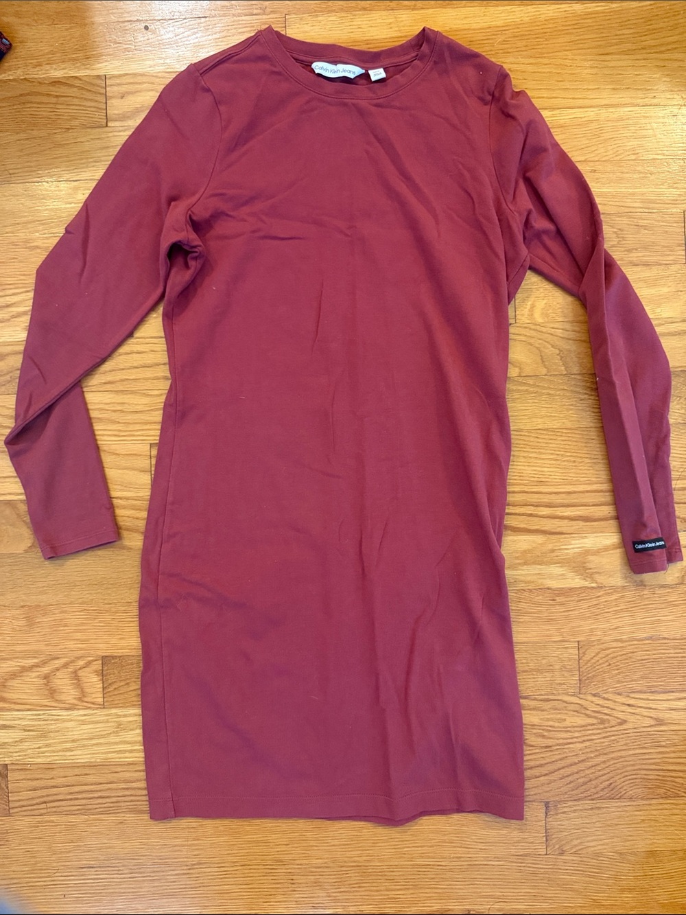 Calvin Klein Long Sleeve Crewneck Shirt Dress in Deep Brick